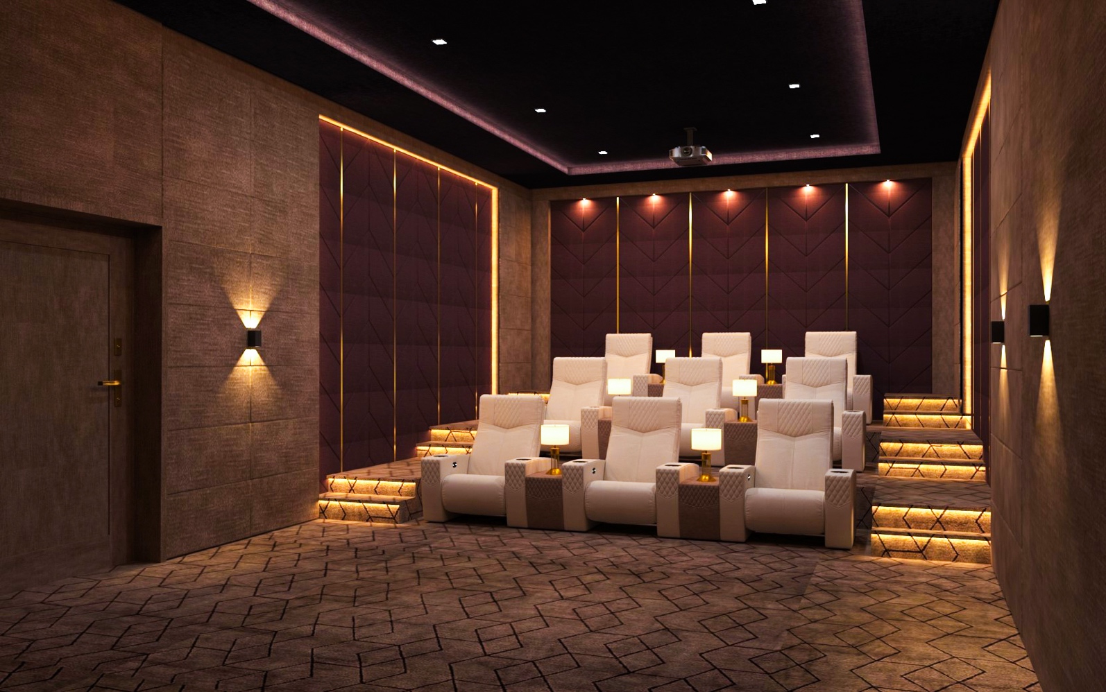 Private home cinema with acoustic wall panels and tiered seating